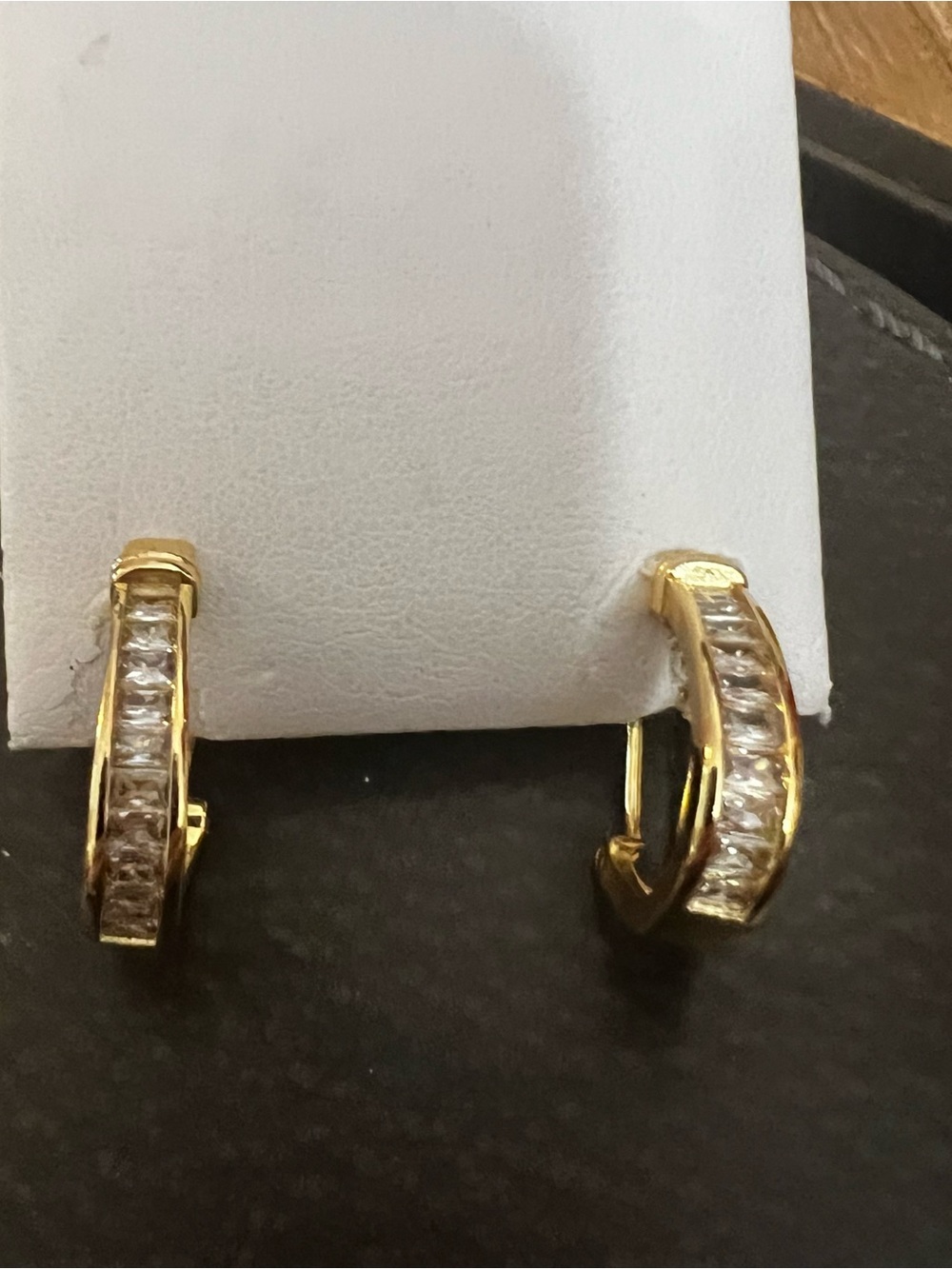 Gold-Tone Huggie Hoop Earrings with Clear Channel-Set Stones
